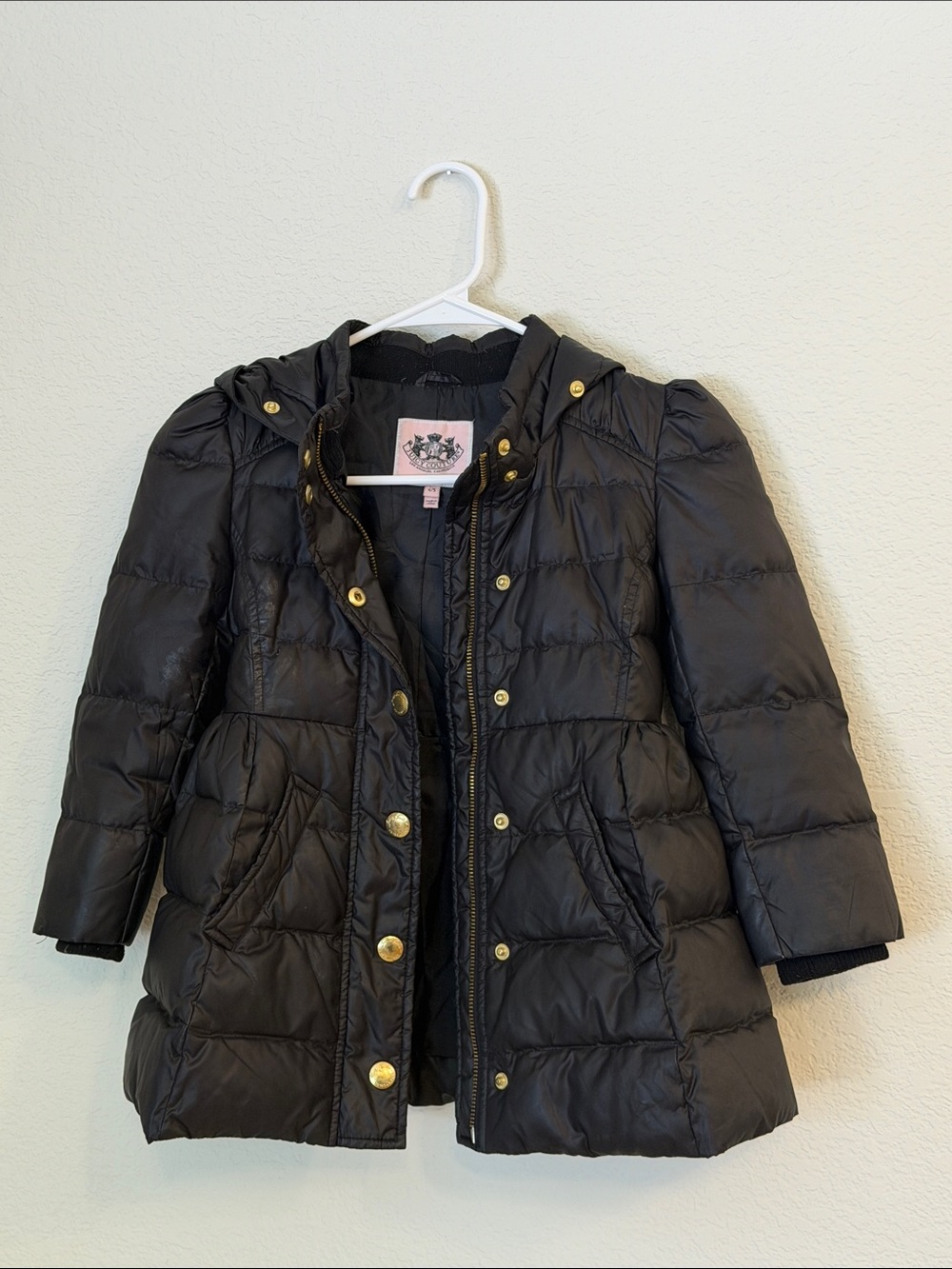 Juicy Couture Black Quilted Hooded Puffer Coat with Gold Hardware